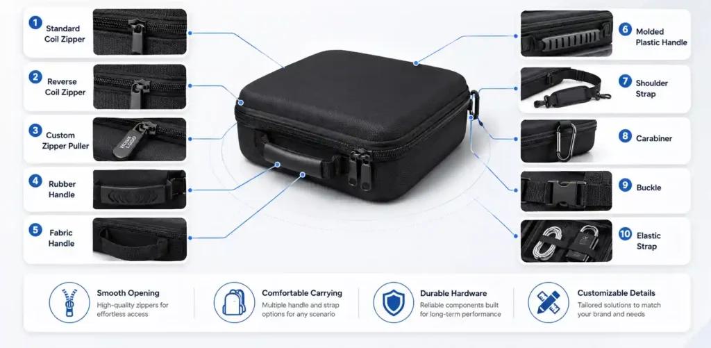 Zipper, handle and accessory options